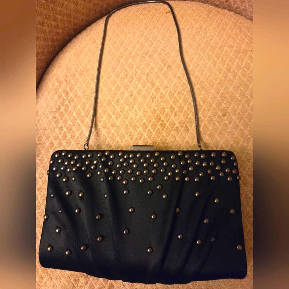 Kate Landry Elegant Black Studded Satin Evening Clutch